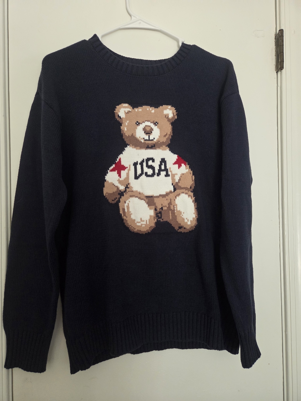 Mighty Fine USA Teddy Bear Navy Blue Knit Crewneck Sweater Size M
